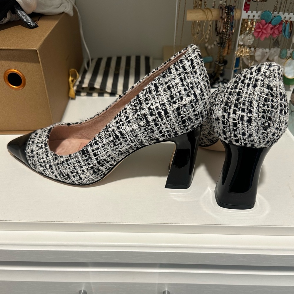 Ally pumps - black and white, block heel, tweed-patent. Super on trend for fall!